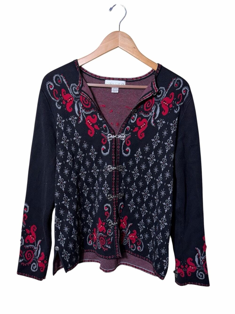 Vintage Casual Corner Knit Cardigan Black Red Gothic Button Front Sweater Large